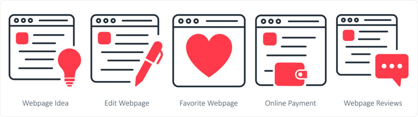 A set of 5 internet icons as webpage idea, edit webpage, favorite webpage