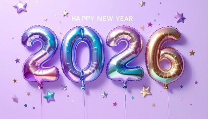 Floating metallic balloon numbers "2026" with pink, blue, and purple gradients, surrounded by gold, silver, and purple star confetti on pastel purple background, evoking festive celebration and future
