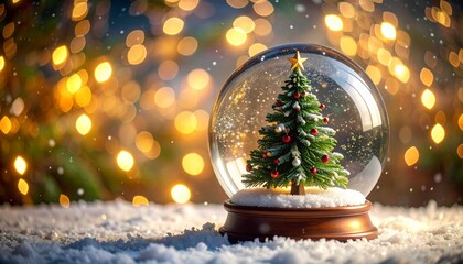 A festive snow globe with a decorated Christmas tree, red ornaments, and golden star glows warmly on snowy surface, surrounded by cozy lights and magical winter ambiance for holiday celebration.