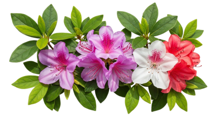 Vibrant azalea flowers in multiple colors against a dark background
