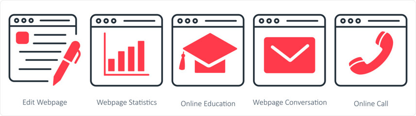 A set of 5 internet icons as edit webpage, webpage statistics, online education