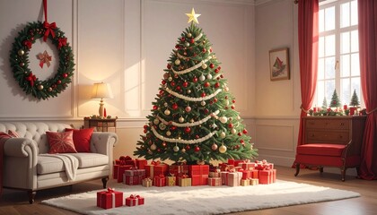 A cozy Christmas room with a decorated tree, glowing fireplace, wrapped gifts, and snowy window view, blending festive charm, warm lighting, and rustic elegance in a joyful holiday setting.