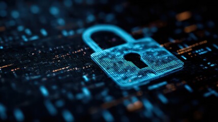 Digital Padlock Overlay on Abstract Circuit Board Illustration Featuring Blue and Orange Light Effects