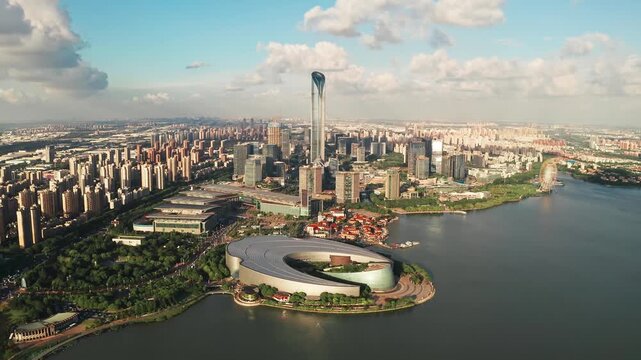 CBD buildings by Jinji Lake in Suzhou, China 4k