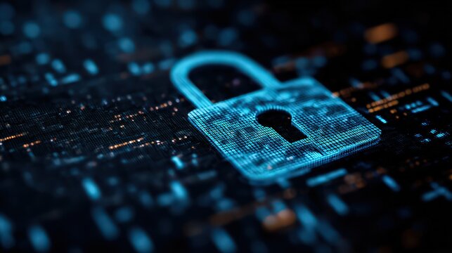 Digital Padlock Overlay on Abstract Circuit Board Illustration Featuring Blue and Orange Light Effects