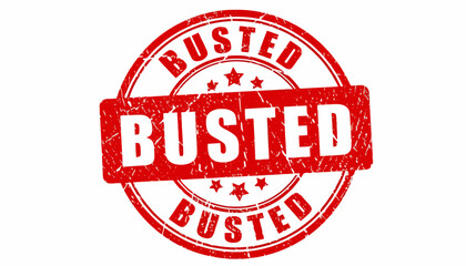 Busted red grunge rubber stamp seal icon. Distressed vintage-style graphic element for concepts of being caught, exposed, or failed