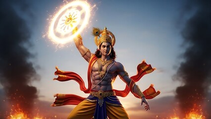 Divine warrior wielding chakra in a display of power, golden light ablaze against the sky, a dynamic scene perfect for spiritual themes