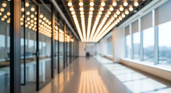 Blurred view down a modern office hallway with bright, decorative ceiling lights and large windows letting in natural daylight