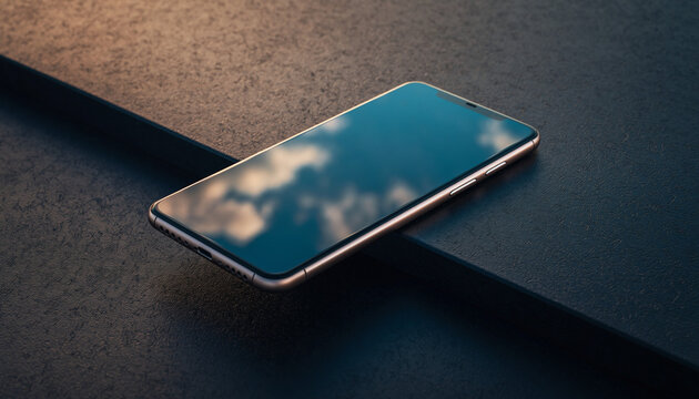 A sleek, modern smartphone with a reflective screen showing clouds, resting on a dark, textured surface.