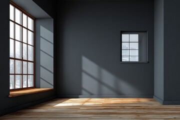 Empty Room Interior With Large Window Shadow And Wooden Floor
