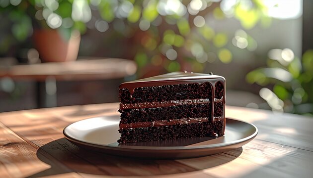 A slice of decadent triple-layered chocolate cake with glossy ganache sits on a plate on a sunlit wooden table.