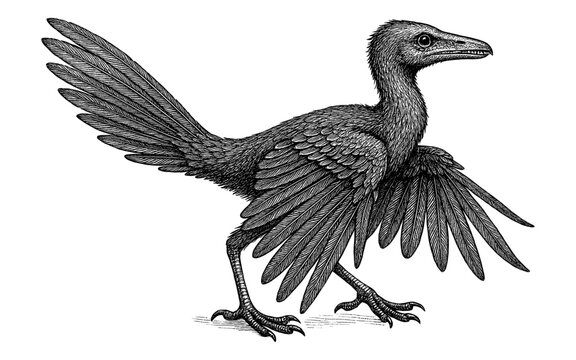 Detailed dinosaur bird with feathers in black and white ink drawing