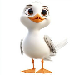 Adorable cartoon seagull character design with bright eyes and vibrant colors for children's storybooks, educational materials, and fun marketing campaigns
