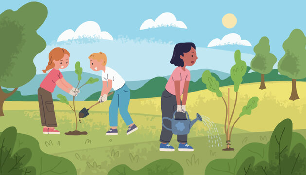 Diverse group of children volunteering for environmental conservation, planting and watering new trees in a sunny park