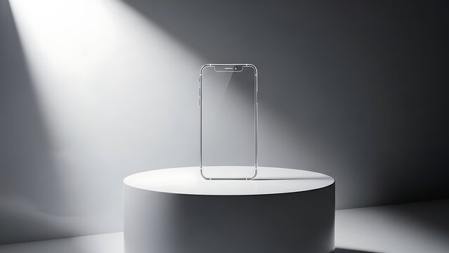Modern transparent smartphone mock-up on a minimalist white pedestal with spotlight.