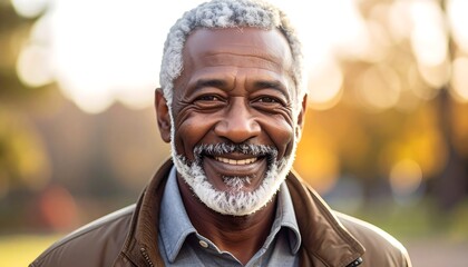 Close-up of smiling senior African-American man outdoors with blurred background