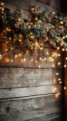 Festive garland with lights hanging across a wooden wall