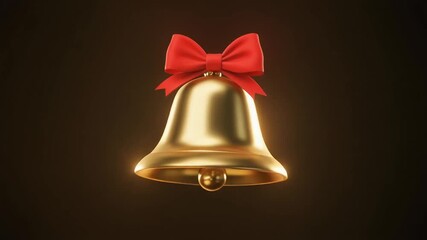 Swinging golden Christmas bell with a vibrant red ribbon bow, a classic festive holiday symbol on a dark background