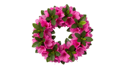 Bright pink flower wreath with green leaves on black background