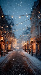 Snow-covered street with Christmas lights romantic holiday