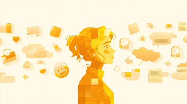 Woman's head with abstract orange digital thoughts