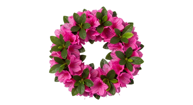 Bright pink flower wreath with green leaves on black background - Powered by Adobe