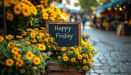 yellow flowers in garden with handmade wooden sign that says &ldquo;Happy Friday&rdquo;