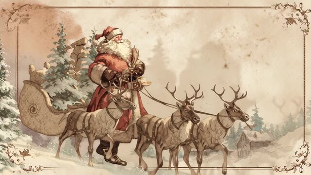 Retro santa art style, christmas, classic retro santa scene with decorative borders, vintage storytelling vibe, soft texture and warm tones