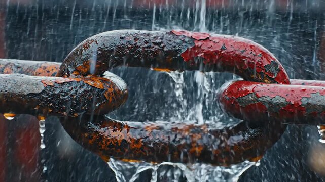 Heavy industrial metal chain links covered in rust and peeling red paint with water splashing down in a dynamic close up shot