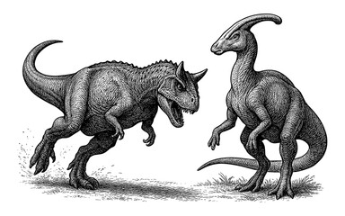 Fototapeta premium Ferocious dinosaur showdown: inked tyrannosaurus and parasaurolophus in battle