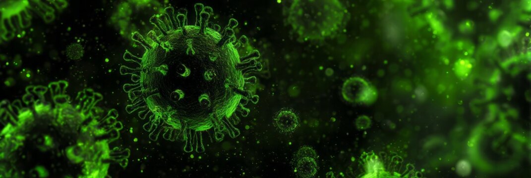 Microscopic view of glowing green spherical pathogens with spike proteins.