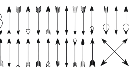 Collection of diverse arrow symbols pointing in various directions isolated on transparent background