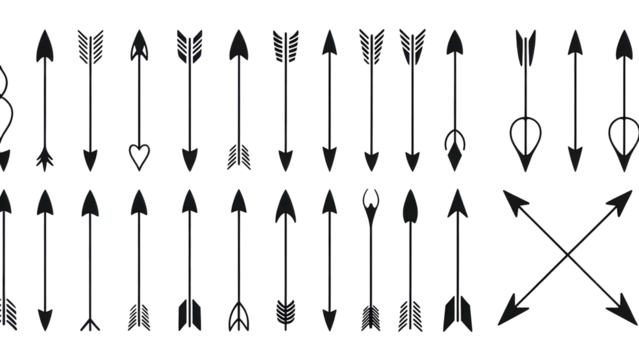 Collection of diverse arrow symbols pointing in various directions isolated on transparent background