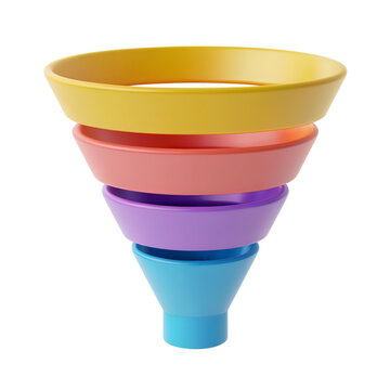 Four-stage colorful marketing funnel illustration for business process optimization isolated on transparent background