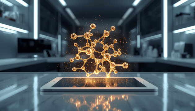 Stunning golden molecule structure gleaming on a tablet screen in a modern research lab, perfect for science, technology, or pharmaceutical concepts and advertising