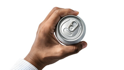 Human hand holding a silver aluminum beverage can viewed from above isolated on transparent background