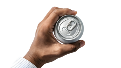 Human hand holding a silver aluminum beverage can viewed from above isolated on transparent background