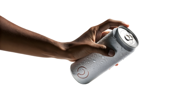 Human hand holding a cold aluminum beverage can with condensation and a subtle logo isolated on transparent background