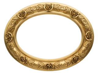 Ornate gold oval picture frame with rose carvings and classic embellishments isolated on transparent background