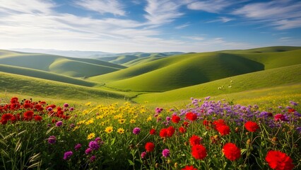 Vibrant Wildflowers Bloom on Rolling Green Hills Under a Bright Blue Sky