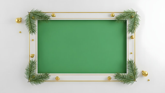 Festive Green Blank Rectangle Frame with Golden Ornaments and Fir Branches - Powered by Adobe