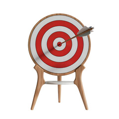 Wooden target with a bullseye hit by an arrow standing on a tripod base isolated on transparent background