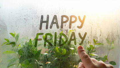happy friday text written with finger on foggy window covered in dew
