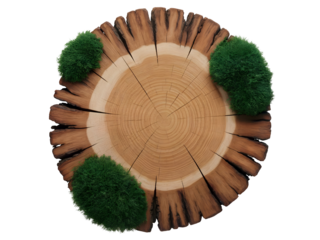 Wood slice showing tree rings and rough bark with three patches of green moss isolated on transparent background