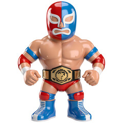 Wrestler character with red and blue mask and championship belt featuring a question mark isolated on transparent background