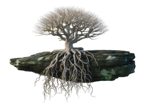 White tree with intricate exposed roots growing on a dark rocky island formation isolated on transparent background
