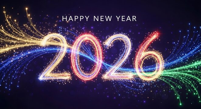 Happy new year 2026 celebration with colorful light trails and sparkles - Powered by Adobe