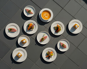 Assorted gourmet appetizer, soup, dessert selection on grey tiles