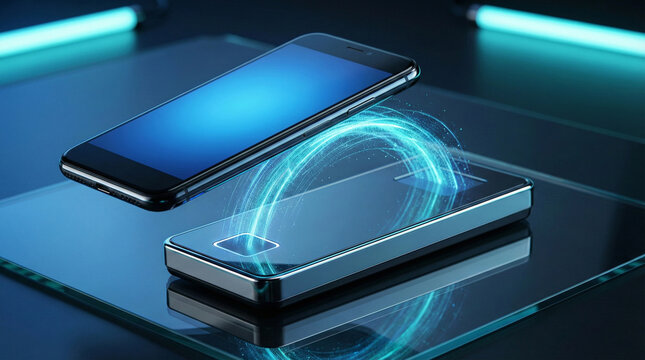 Smartphone Hovering over Sleek Payment Terminal with Visible Wave of Blue Energy Transmitting between Devices, NFC Technology Concept
