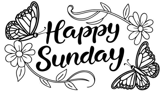 Vector illustration of words &lsquo;HAPPY SUNDAY&rsquo; in cheerful lettering, decorated with flowers, two fluttering butterflies, and fresh leaves